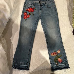 Aqua Floral Embroidered Jeans, Size 27.